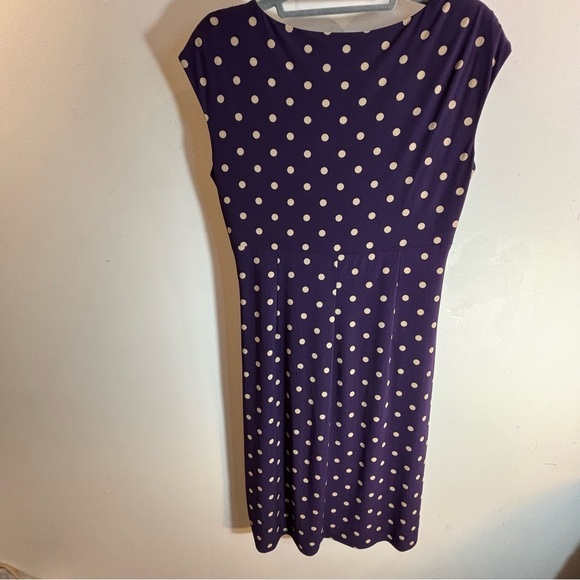 LAUREN RALPH LAUREN Sz 10 Purple Beige Polka Dot Above the Knee Ruched Dress - Picture 6 of 8
